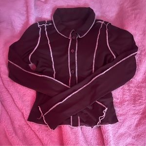 Mesh, Y2K, Grunge, long sleeve crop top, brown with white out lining.